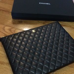 Chanel Black Quilted Clutch Gold Hardware Leather